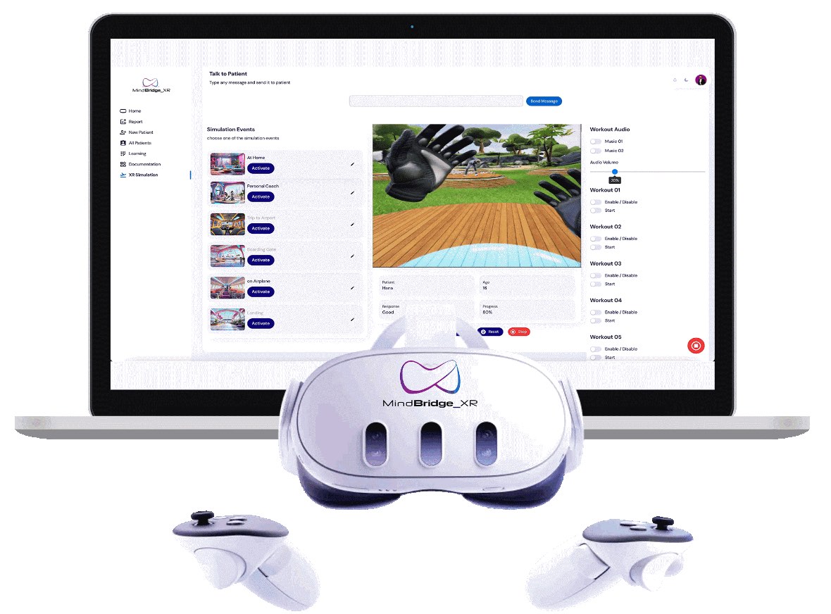 The AutismoLab clinician dashboard on a laptop, next to a VR headset and controllers