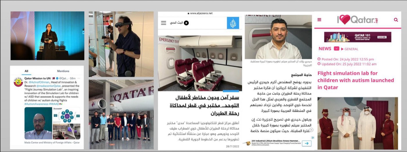 Collage of press coverage of the Flight Journey Simulation Lab from Al Jazeera, I Love Qatar and the Qatar Mission to the UN