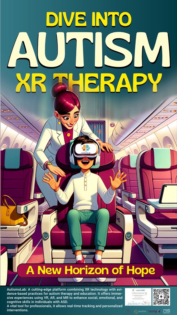 AutismoLab poster titled Dive into Autism XR Therapy, showing a child wearing a VR headset in an aircraft cabin